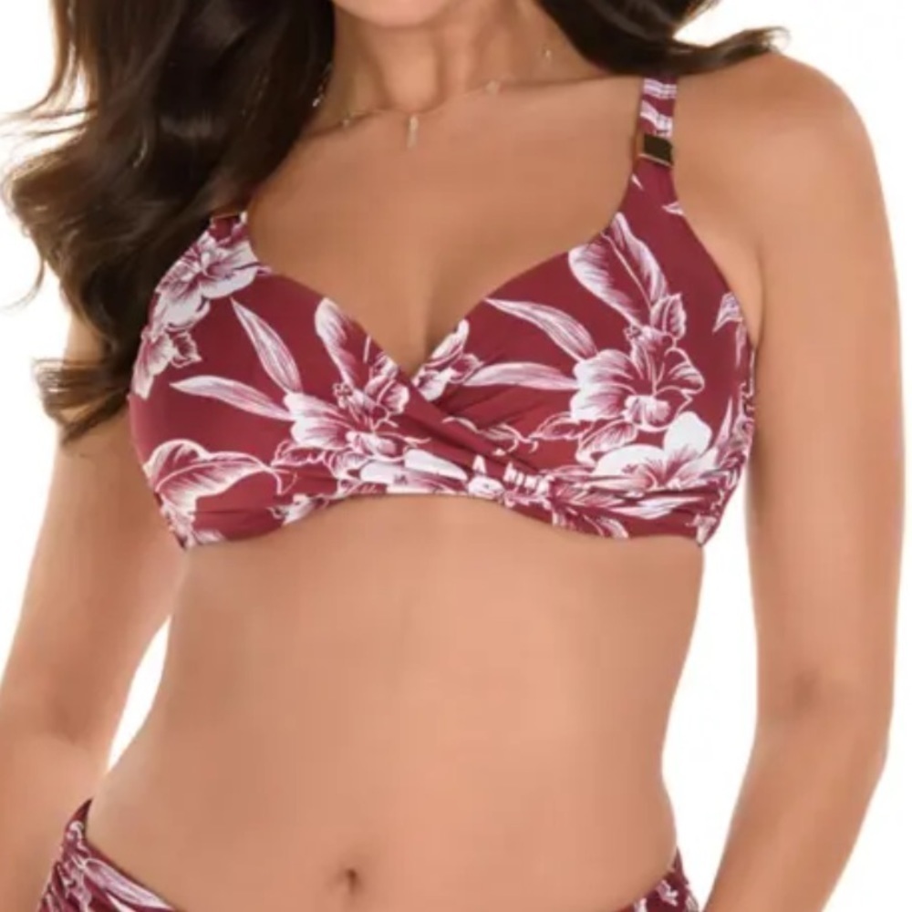 MIRACLESUIT Hibiskiss criss cross bathing suit top burgundy and white Pompei 34D